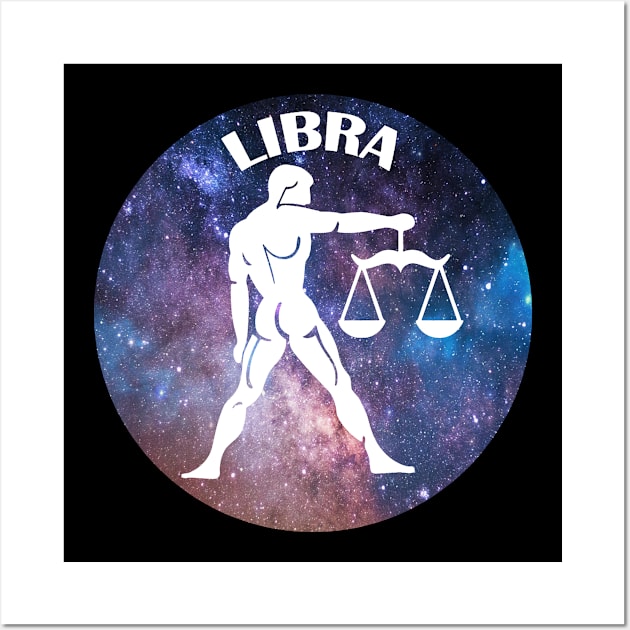 Libra Astrology Zodiac Sign Design - Libra Man Holding Scales of Justice - Space Stars Background and White Wall Art by CDC Gold Designs